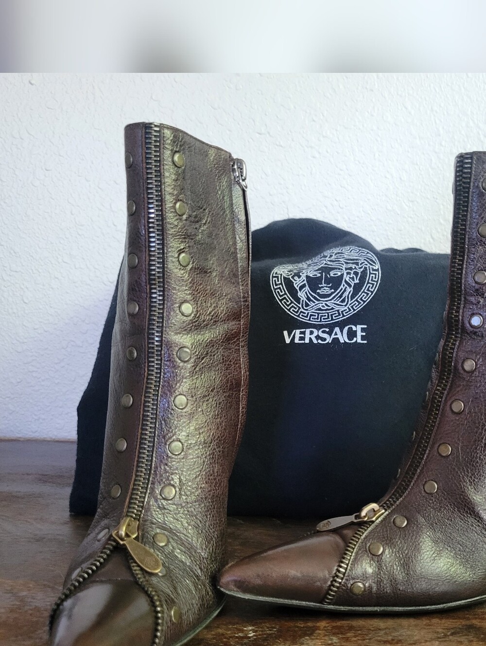 Versace Brown Leather Pointed-Toe Stud Zip Heel Ankle Boots